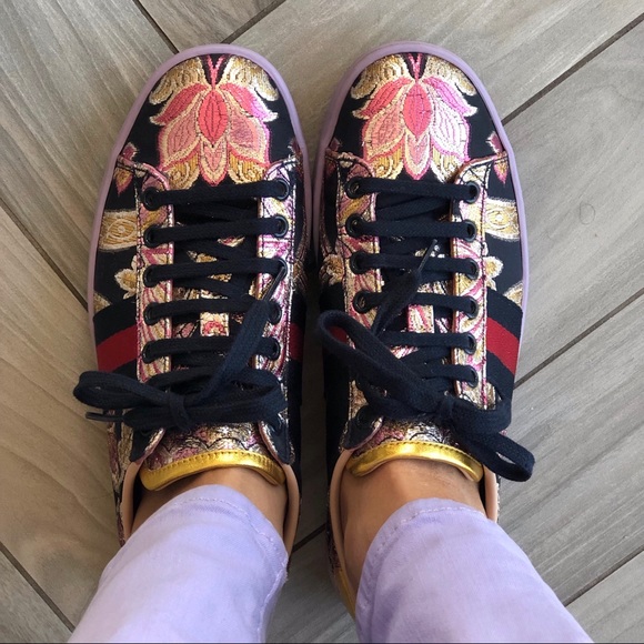 Rare GUCCI Brocade Floral Purple Sneakers Aces 6.5 - Picture 3 of 8